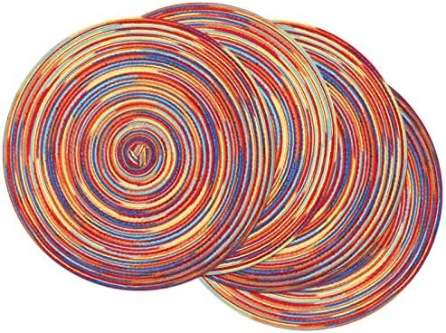 SHACOS Round Braided Placemats Set of 4 Variegated Colorful Placemats for Dining Tables Holiday Party Decor (Rainbow Red, 4)