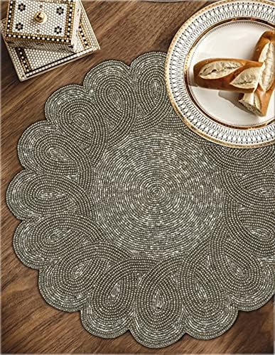 Lightnpro Handmade Beaded Placemats Set of 2 – 13 Inch Gunmetal Round Scalloped Charger Mats, Handcrafted Artisan Table Accessories in Gunmetal | Elegant Dining, Wedding & Home Décor Table Mats