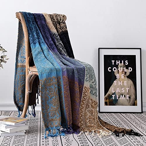 Boho Throw Blanket, Chenille Jacquard Tassels Throw Blankets for Bed Couch Sofa Chair，Bohemian Decor Couch Cover (Purple, Large 86 * 102Inches)