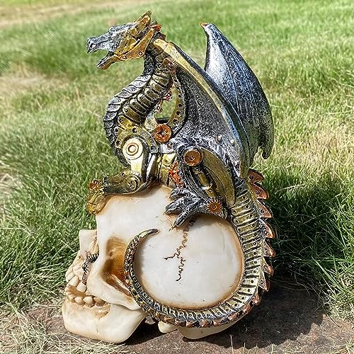 Halloween Steampunk Dragon on Skull Statue, Gothic Mechanical Decor