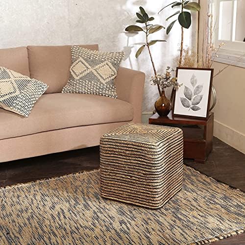 · REDEARTH · Jute Cotton Braided Cube Pouf Ottoman- Natural Black, Set of 2