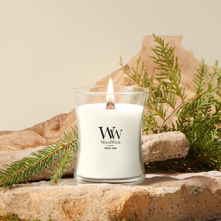WoodWick White Teak Scented Candle, Crackling Wick, 9.7oz