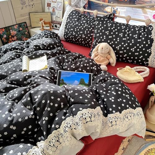 Twin Size Duvet Cover Set 3 Pcs,Vintage Navy Ruffled Bedding 68"×86"
