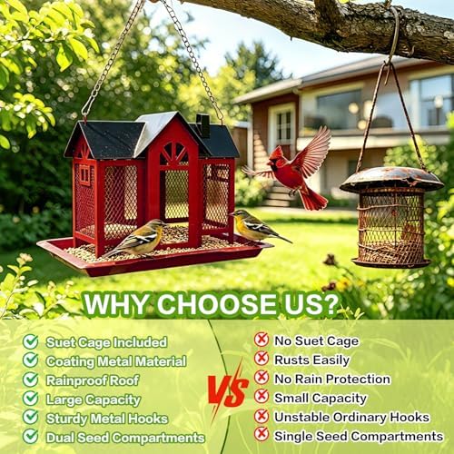Large Metal Bird Feeders for Outdoors Hanging with Double Suet Cage Weatherproof Roof, 4 in 1 Suet Feeder for Woodpecker, 4 Lbs Capacity Bird Feeder House for Cardinal Finch Chickadee