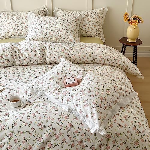 LifeTB Ruffle Duvet Cover Twin 100% Cotton Pink Flower Duvet Cover Girls Princess Lace Bedding Set Vintage Floral Botanical Comforter Cover with Chic White Ruffle Lace Cute Floral Bedding Set Twin