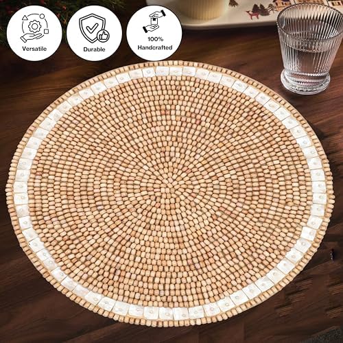ALPHA Living HOME Woven Placemats Set of 2 Ivory Light Brown Wood MOP Mats