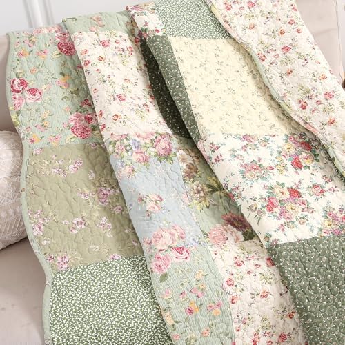 vctops 100% Cotton Quilted Throw Blanket 50x60 Inch Floral Patchwork Reversible All Season Throw (Green B,50"x60")