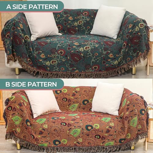 100% Cotton Floral Boho Throw Blanket for Bed 80" x 90" Green