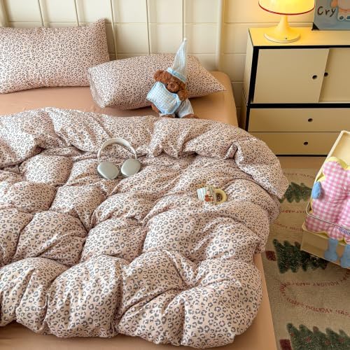 mixinni Light Brown Leopard Print Duvet Cover Set Twin Size, 3PCs Cute Animal Cheetah Bedding, 100% Cotton Double Gauze Soft Aesthetic Retro Pink Black Bedding Set with 2 Pillowcases for Girls Women