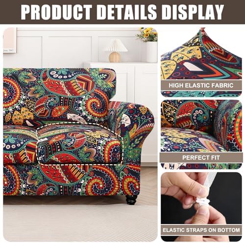 SearchI Stretch Sofa Cover Printed Couch Cover, Floral Pattern 3 Pieces Loveseat Slipcover with 2 Separate Cushion Cover, Washable Furniture Protector for Living Room(Loveseat, Paisley Pattern)