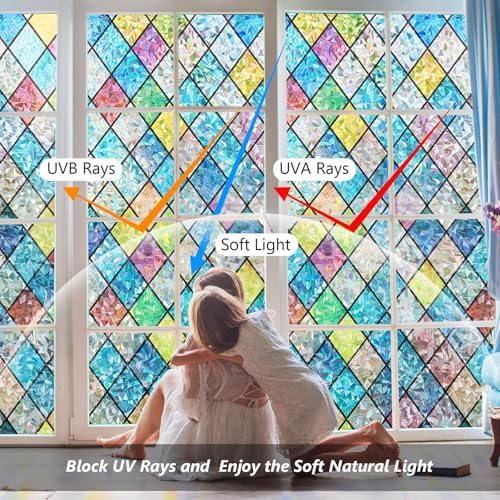 LEMON CLOUD Stained Glass Window Privacy Film Static Cling, 35.4″ x 78.7″