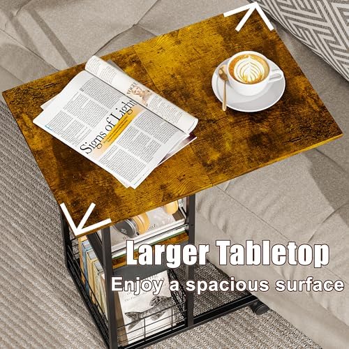 Rolling C-Shaped Side Table with Charging Station, Night Stand with Type-C & USB Port and Outlet for Bedroom, Spacious Coffee Table with Wheels for Living Room, Home Office, Small Space(Large Desktop)