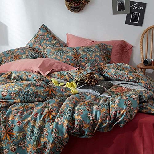 Green Gold Duvet Cover Queen,Medallion Paisley Print Bedding Set 400 Thread Count Percale Cotton Vibrant Bohemian Pattern Quit Cover with Zipper Closure