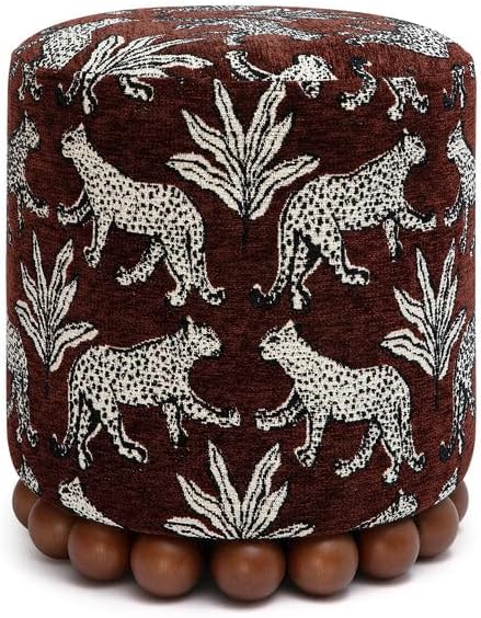 First of a Kind Brown Leopard Jacquard Ottoman, Upholstered Accent Stool and Footrest with Plush Foam-Padded Top and Solid Wood Orb Legs