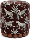 First of a Kind Brown Leopard Jacquard Ottoman, Upholstered Accent Stool and Footrest with Plush Foam-Padded Top and Solid Wood Orb Legs
