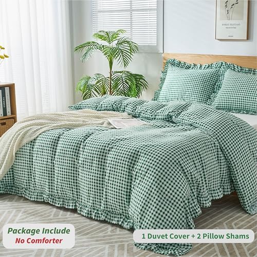 Gingham Duvet Cover King Size, 3 Pieces Soft Breathable Microfiber Plaid Duvet Cover with Zipper Closure & 2 Pillow Shams, Ruffle Farmhouse Vintage Decor, Green