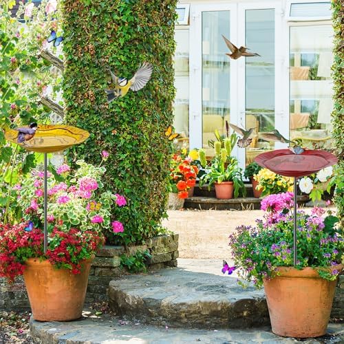 2Pcs Metal Bird Baths for Outside, Hummingbird Small Birdbath Bowl for Outdoors with Metal Stake, Bird Feeder for Garden Yard Lawn Decor (2P-Red&Yellow)