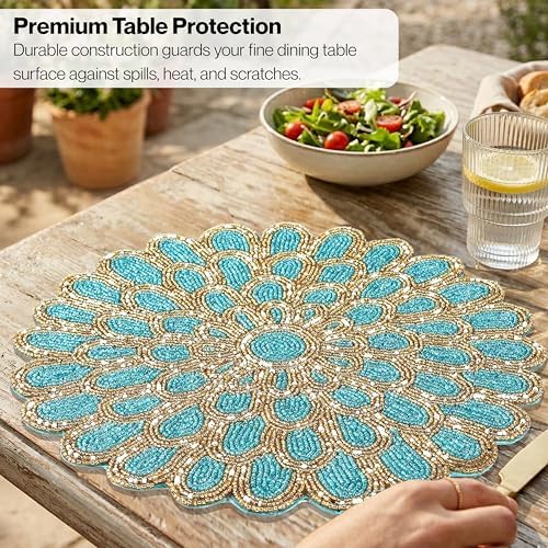 ALPHA Living HOME Beaded Placemats 13 Inch Dark Teal Gold Round Chargers
