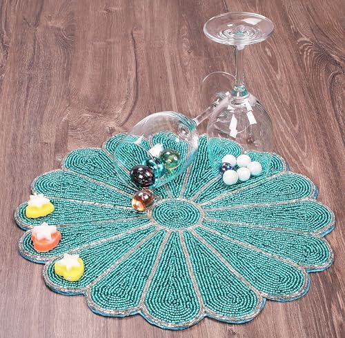 ALPHA Living HOME Beaded Placemats 13 Inch, Teal Silver Round Single Pack