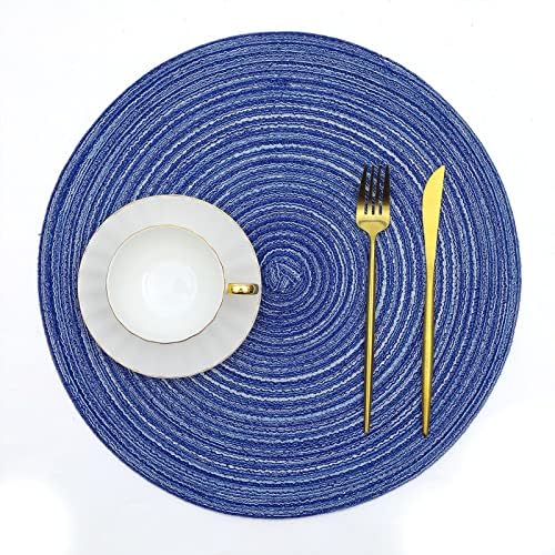 SHACOS Round Braided Placemats 15 inch Set of 4 Washable Cotton Polyester Braided Kitchen Table Placemats for Home Wedding Party (Blue White, 4)
