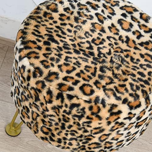 Leopard Print Round Ottoman 13"x13"x17" Faux Fur Entryway Bench Footrest Stool Accent Seating Cheetah Furry Ottoman Bedroom Vanity End of Bed for Bathroom Living Room Decor