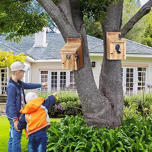 Dreyoo 4 Pack Bluebird Houses for Outside with Metal Predator Guard, 1-1/2" Entrance Hole Wooden Blue Bird Houses for Outdoors, Bluebird Nesting Box(Light Burnt Wood)