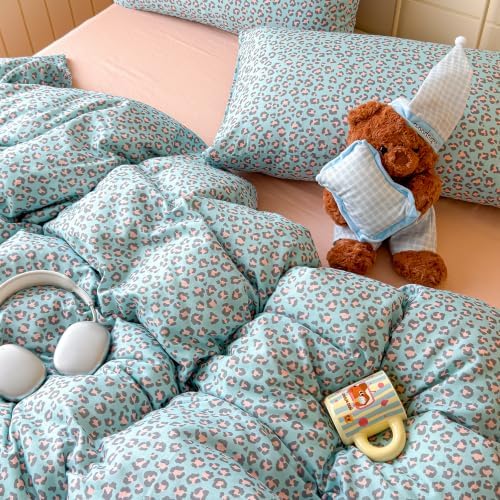 mixinni Blue Pink Leopard Print Duvet Cover Set Twin XL Size, 3 Pcs Cute Retro Cheetah Bedding, 100% Cotton Double Gauze Soft Aesthetic Leopard Duvet Cover with 2 Pillowcases for Girls Teens Women