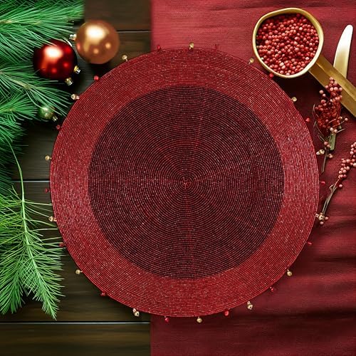 COTTON CRAFT Glitz Handmade Beaded Charger Placemat - 4 Pack Red with Bells