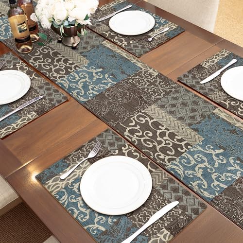 Loom and Mill Luxury Damask Patchwork Table Runner 72 Inches Long, Blue