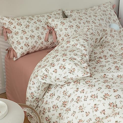 mixinni Vintage Style Girls Pale Pink Flower Pattern Duvet Cover Twin Soft Aesthetic Floral Cotton Bedding Set 1 Duvet Cover with 2 Bow Tie Pillowcases for Women-Twin Size