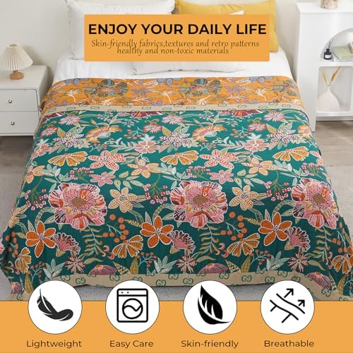 Green Floral Cotton Throw Blanket for Bed Couch Travel 60''x80''