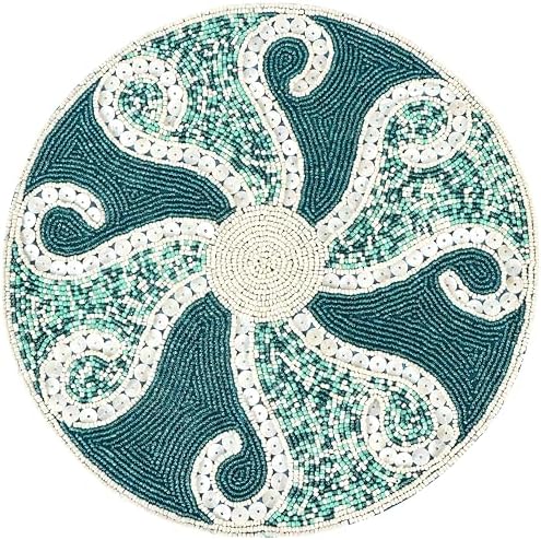 ALPHA Living HOME Beaded Placemats 13 Inch Teal Ivory Round Table Mats