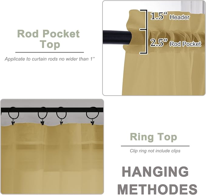 Gold Sheer Curtains 120 Inches Long 2 Panels Set, Airy Lightweight Sheer Gold - Image 3