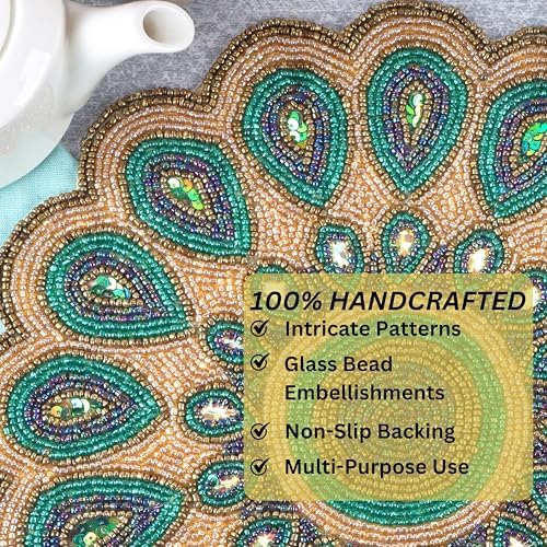 CLEENTABLE Round Beaded Placemat, 13in Glass Bead Table Mat, Green Gold