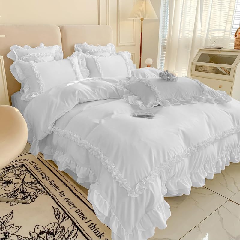 Girls Lace Bedding, Full Comforter Cover Set, Chic Ruffled Duvet Cover with 2 Layers Ruffle,Princess Style 1 Duvet Cover with 2 Pillowcases, No Comforter-White,Full