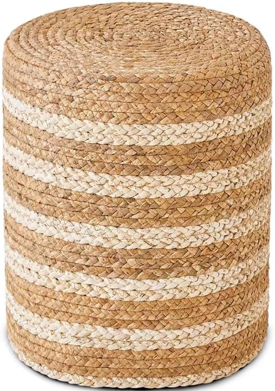 14" Boho Pouf Patio Ottomans Natural Straw Handweave Rustic Round Footstool