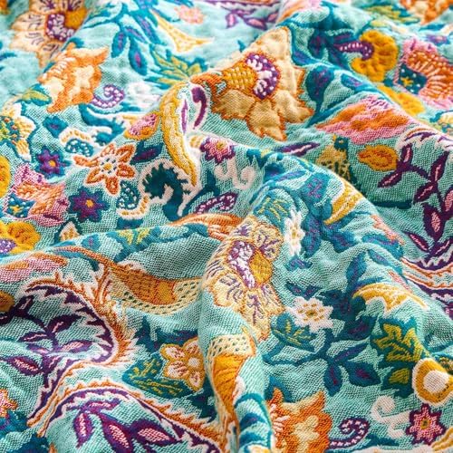 XIBLC Boho Blanket Throw Quilt, 100% Cotton Soft Light Weight Throw Blankets for Summer, 60"x80" Farmhouse Flower Decorative Blankets, All Season Rustic Reversible Bohemian Throw Quilt