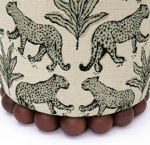 First of a Kind Ottoman Foot Rest - Cream Fabric Round Ottoman Stool with Solid Wood Spherical Orbs - 15.7" W x 15.7" D x 18.3" H - Handmade, Easy Clean, 330 lbs Weight Capacity