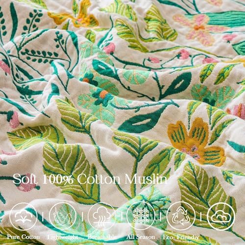 XIBLC Boho Throw Blanket 100% Cotton Vintage Blanket Muslin Woven Flower Decorative Throw Blankets All Season Bohemian Rustic Farmhouse Decor Quilt for Bed (Beige 60"x80")