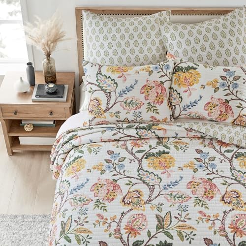 Levtex Home - Maileen Dusty Rose Quilt Set - Twin Quilt and One Standard Sham - Floral - Dusty Rose Ochre Blue Green Brown Off-White - Quilt (68x86in.) and Sham (20x26in.) - Reversible - Cotton