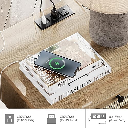 WAMPAT Farmhouse End Table with Charging Station, Rattan Side Table, Oak