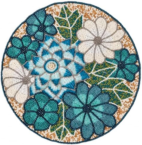 Beaded Placemats 13" Flower, Round Dining Table mat, Teal Multi
