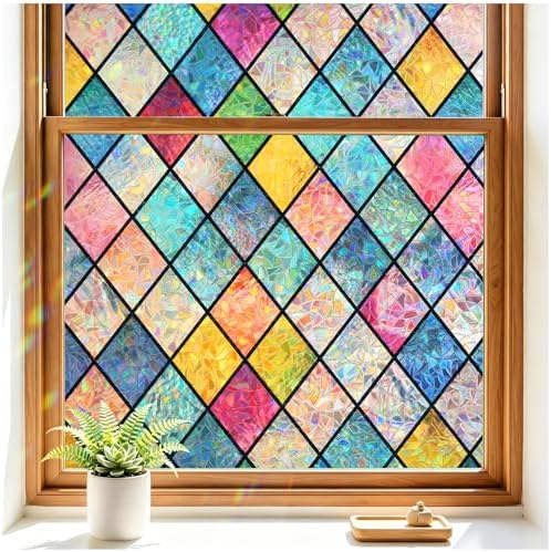 Haton Stained Glass Window Film, Rainbow Lattice Stickers, 17.5" x 118.1"