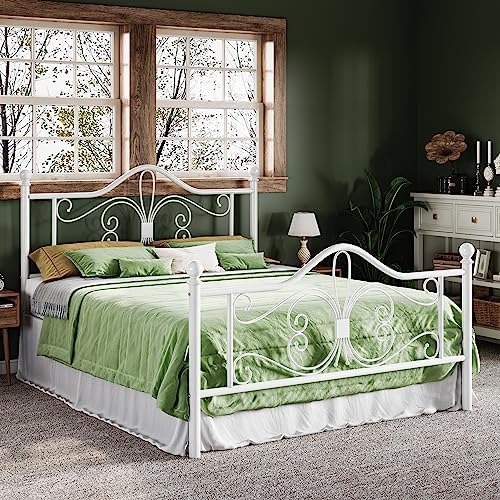 Allewie Metal Full Platform Bed Frame, Butterfly Pattern Design, White