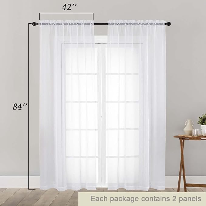 White Sheer Curtains 84 Inches Long 2 Panels Set - Image 2