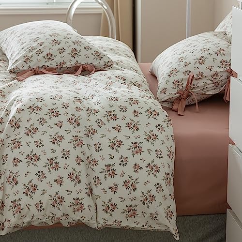 HighBuy Boho Floral Duvet Cover Full Girl Soft Cotton Pink Floral Bedding Set for Teen Dorm with 2 Bow Tie Pillowcases,Aesthetic Chic Comforter Cover Full with Zipper Closure,Room Decor Bedding
