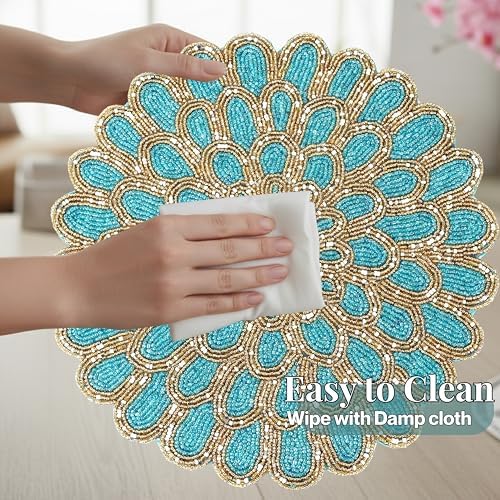 ALPHA Living HOME Beaded Placemats 13 Inch Dark Teal Gold Round Chargers
