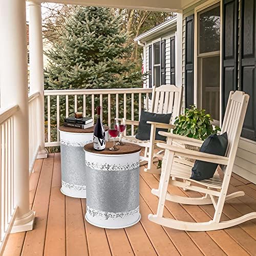 RUSTOWN Farmhouse Accent Side Table, Set of 2 Galvanized Storage Ottoman