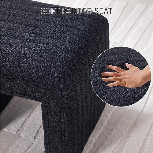 Get Set Style Vanity Stool Chair, Fully Assembled Modern Boucle Ottoman Footstool with Wooden Legs, Multifunctional Upholstered Sofa Bench Extra Seat for Makeup Room Living Room Entryway Office,Black