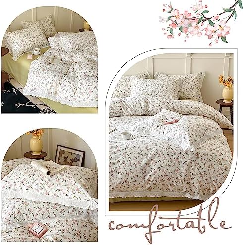 LifeTB Ruffle Duvet Cover Twin 100% Cotton Pink Flower Duvet Cover Girls Princess Lace Bedding Set Vintage Floral Botanical Comforter Cover with Chic White Ruffle Lace Cute Floral Bedding Set Twin